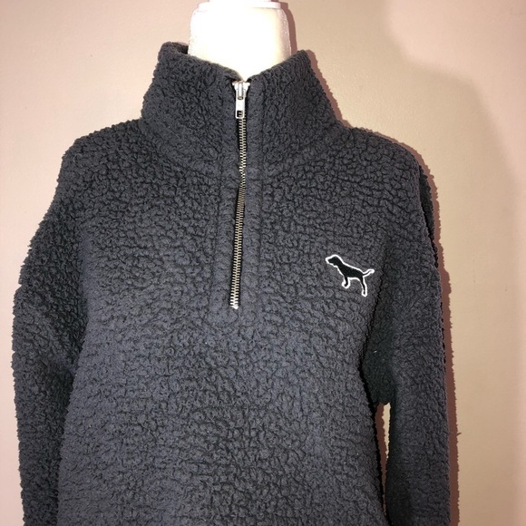 Victoria’s Secret PINK Gray Sherpa 1/4 Zipper Pullover Sweater Sz XS - Picture 3 of 11